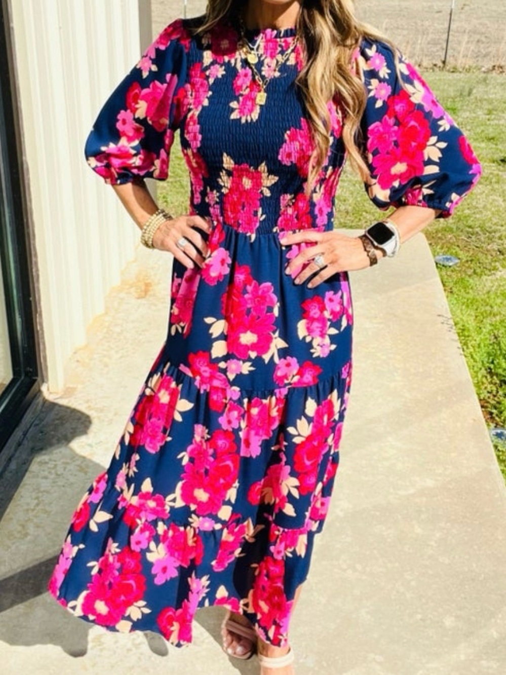 Sugarlips Navy Maxi Dress with Bright Pink Floral Print